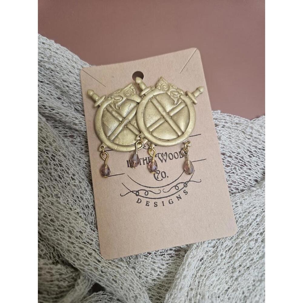 Dragon Sword and Shield Handcrafted Earrings with Dangling Beads